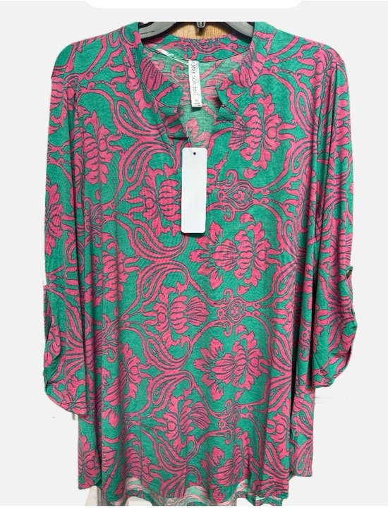 Dear Scarlett Tops - Dear Scarlett Vibrant Green & Pink Floral V-Neck Tunic Top